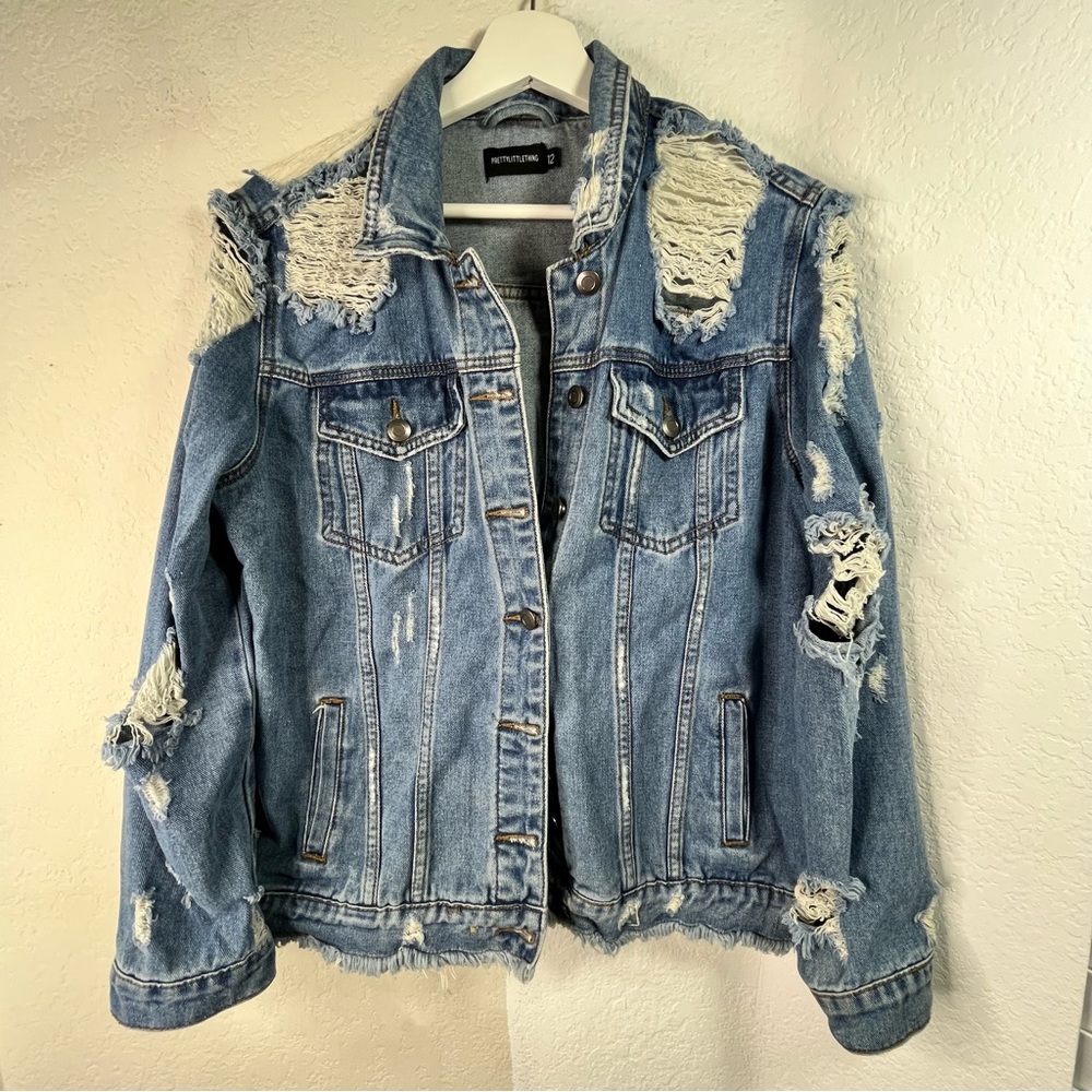 Pretty Little Thing Ripped Jean Jacket, Size 12